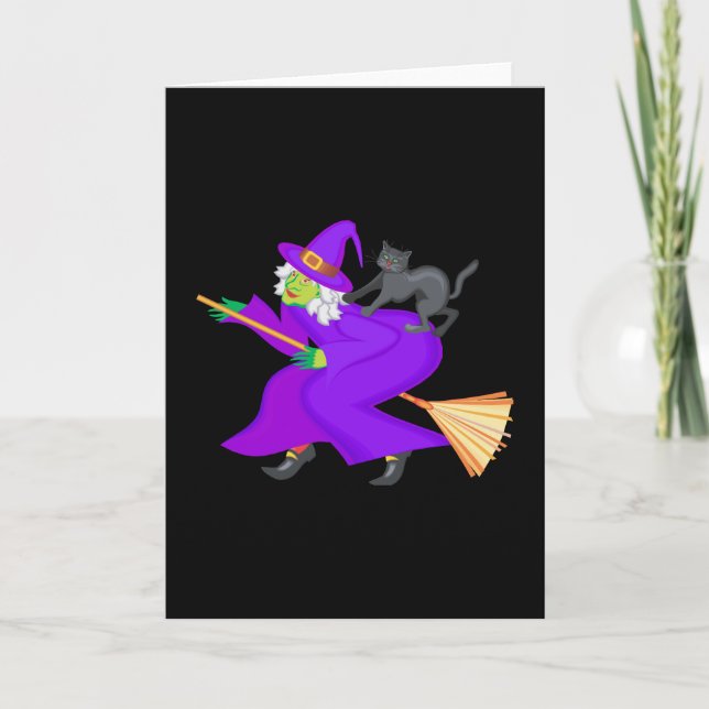Witch and black cat on broom card (Front)