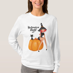 Witch And black Cat On Pumpkin Halloween Night T-Shirt