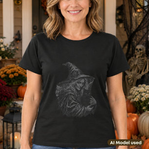 Witch and Black Cat Vintage Gothic Portrait T-Shirt