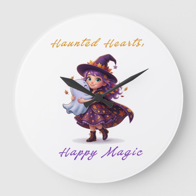 Witch and Boo Besties Cute Halloween Magic Large Clock (Front)