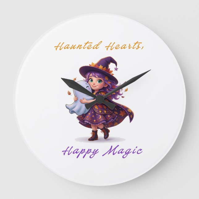 Witch and Boo Besties Cute Halloween Magic Large Clock (Front)