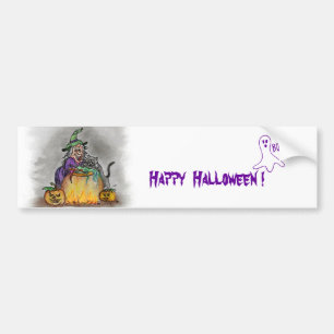 Witch and cat, Happy Halloween! Bumper Sticker