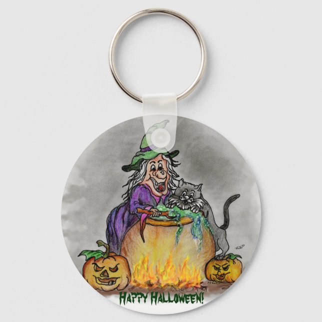 Witch and cat, Happy Halloween! Key Ring (Front)