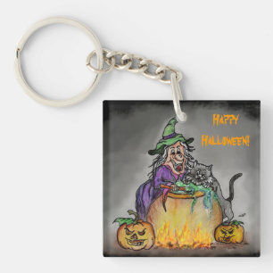 Witch and cat, Happy Halloween! Key Ring
