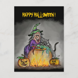 Witch and cat, Happy Halloween! Postcard