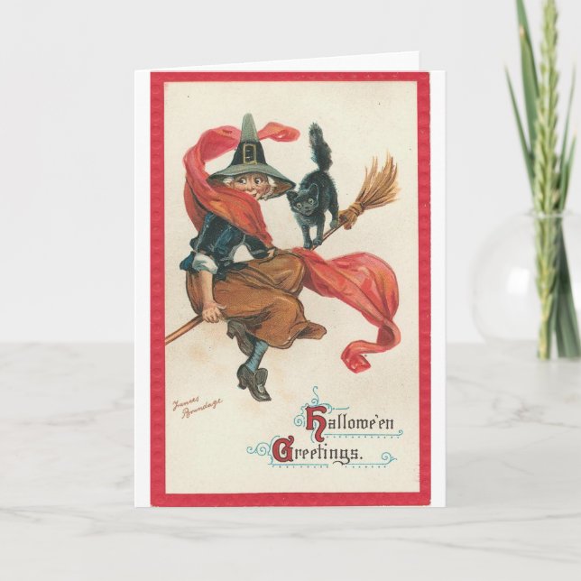 Witch and Cat on Broomstick Card (Front)