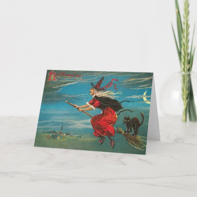 Witch and Cat on Broomstick Card (Front)