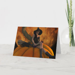 Witch and Cat on Giant Pumpkin Card