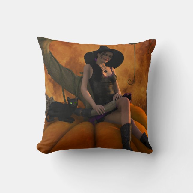Witch and Cat on Giant Pumpkin  Cushion (Front)