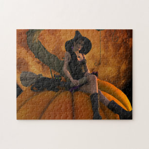 Witch and Cat on Giant Pumpkin Jigsaw Puzzle