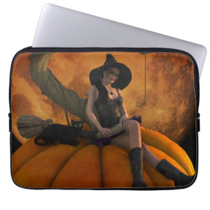 Witch and Cat on Giant Pumpkin Laptop Sleeve
