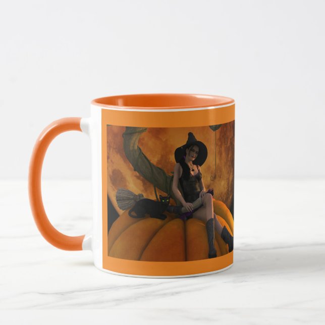 Witch and Cat on Giant Pumpkin  Mug (Left)