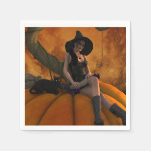 Witch and Cat on Giant Pumpkin Napkin
