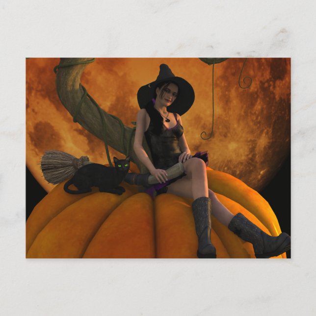 Witch and Cat on Giant Pumpkin  Postcard (Front)