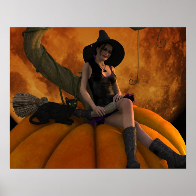 Witch and Cat on Giant Pumpkin  Poster (Front)
