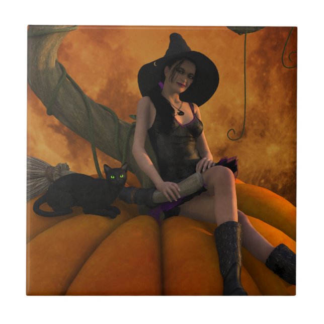 Witch and Cat on Giant Pumpkin  Tile (Front)