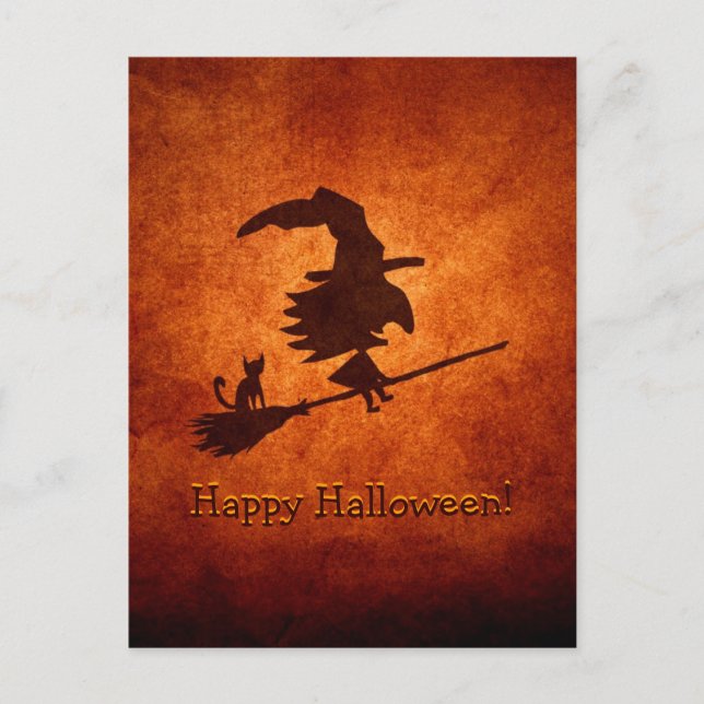 Witch and Cat Silhouette Flying on Broomstick Postcard (Front)