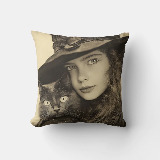 Witch and Cat Vintage Wiccan Throw Pillow (Front)