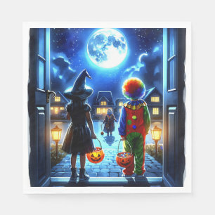Witch and Clown looking at a Monster Halloween Napkin