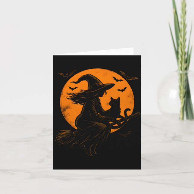Witch And Cute Cat Black Kitten For Halloween Card (Front)