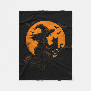 Witch And Cute Cat Black Kitten For Halloween Cost Fleece Blanket