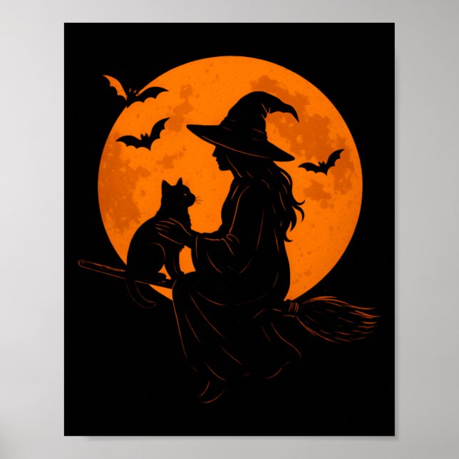 Witch And Cute Cat Black Kitten For Halloween Poster (Front)