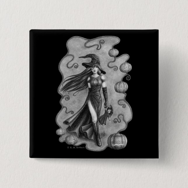 Witch and Doll Halloween 15 Cm Square Badge (Front)