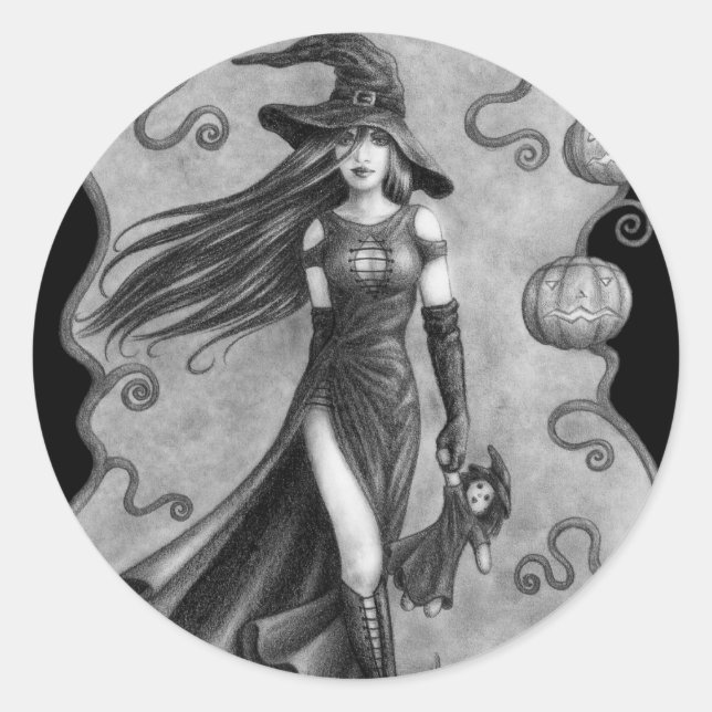 Witch and Doll Halloween Classic Round Sticker (Front)