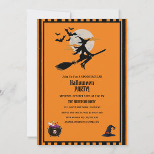 Witch and Flying Bats Orange Halloween Party Invitation