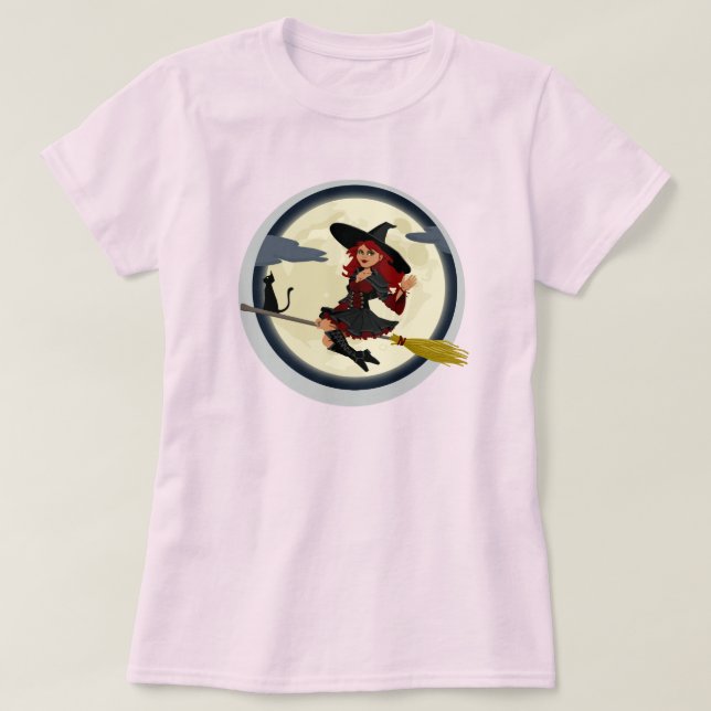 WITCH AND HER BLACK CAT IN BROOMSTICK T-Shirt (Design Front)