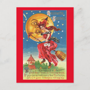 Witch and Her Broomstick Halloween Vintage Postcard