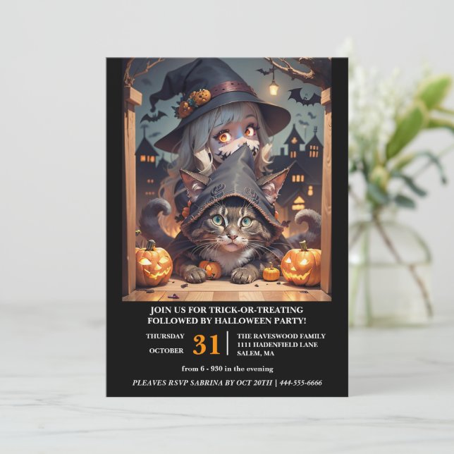 Witch and Her Cat Halloween Party Invitation (Standing Front)