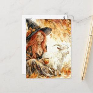 Witch and Her Goat Morning Coffee in Autumn Postcard