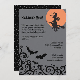 Witch and Moon Halloween Adult Costume Party Bats Invitation