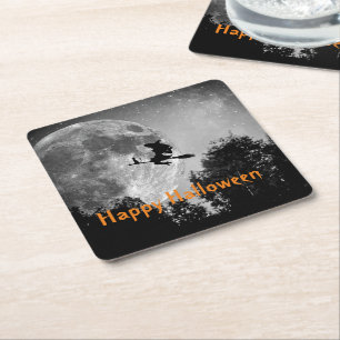 Witch and Moon Halloween Customisable  Square Paper Coaster