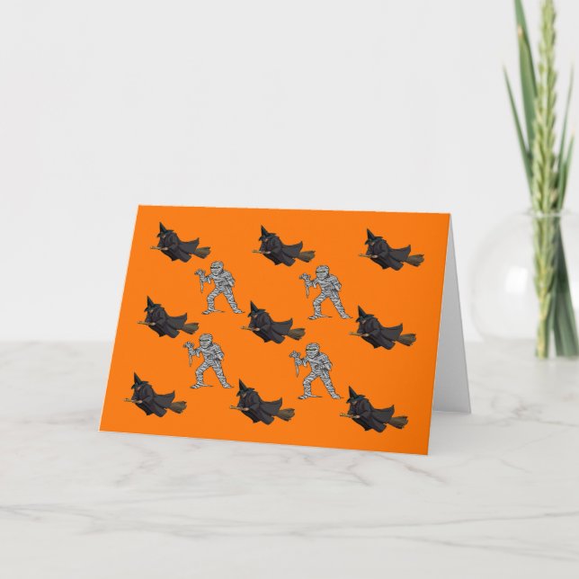 Witch and Mummy Pattern Halloween Greeting Card (Front)