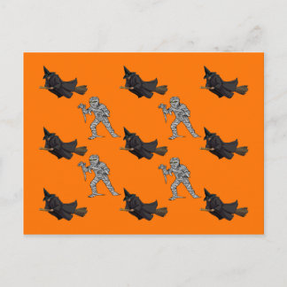 Witch and Mummy Pattern Halloween Postcard