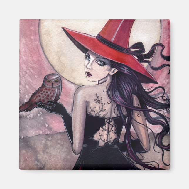 Witch and Owl Fantasy Art Magnet (Front)
