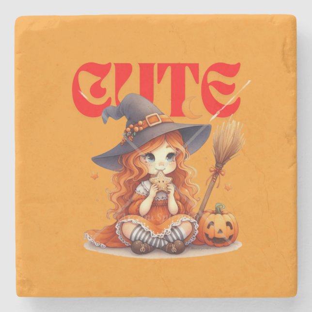 Witch and Pumpkin Stone Coaster (Front)
