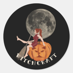 Witch and pumpkin. Witchcraft for Halloween Classic Round Sticker