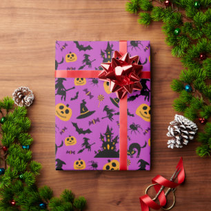 Witch and Pumpkins Pattern Purple Halloween Wrapping Paper