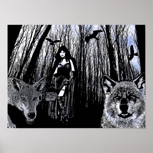 Witch and werewolves in the forest silhouette art poster (Front)