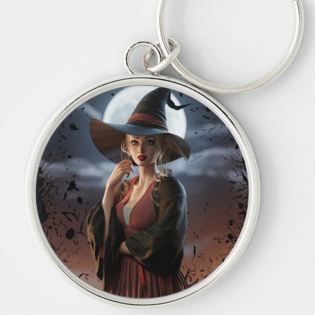 Witch Art Full Moon Coaster Key Ring (Front)