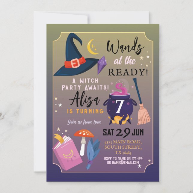 Witch Birthday Party Wands At The Ready Girls Pink Invitation (Front)