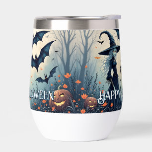 Witch, Black Cat and Bats in Twilight Sky