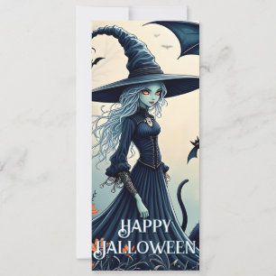 Witch, Black Cat and Bats in Twilight Sky