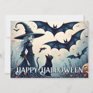 Witch, Black Cat and Bats in Twilight Sky