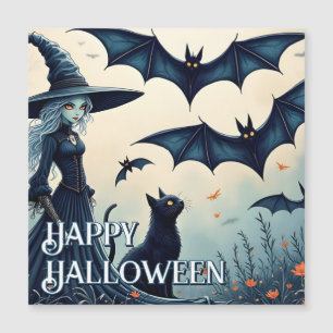 Witch, Black Cat and Bats in Twilight Sky