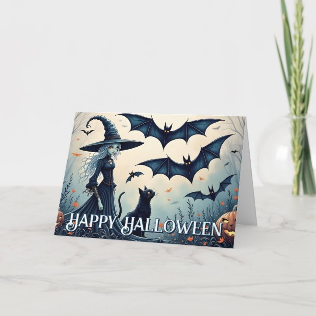 Witch, Black Cat and Bats in Twilight Sky Card (Front)