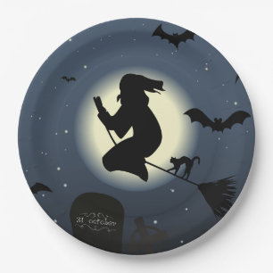 Witch, Black cat and Bats Paper Plate